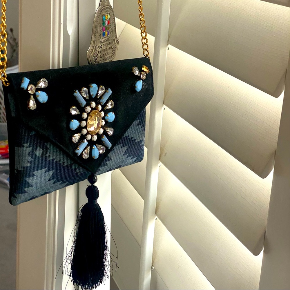 NWOT Envelope Clutch with Gold Chain and Gemstone Embellishments